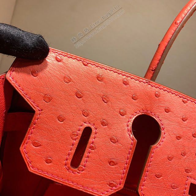 Hermes女包 愛馬仕Birkin30cm Hermes鉑金包 Ostrich鴕鳥皮 全手縫蠟線 S5 Rouge Tomate番茄紅  am1896